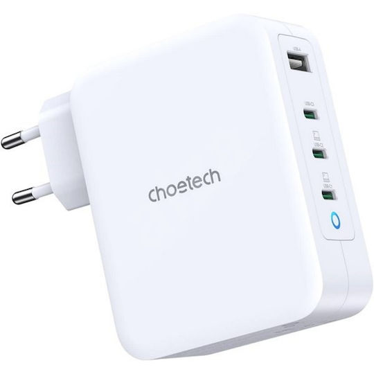 Choetech Charger Without Cable GaN with USB-A Port and 3 USB-C Ports 130W Whites (PD6001)