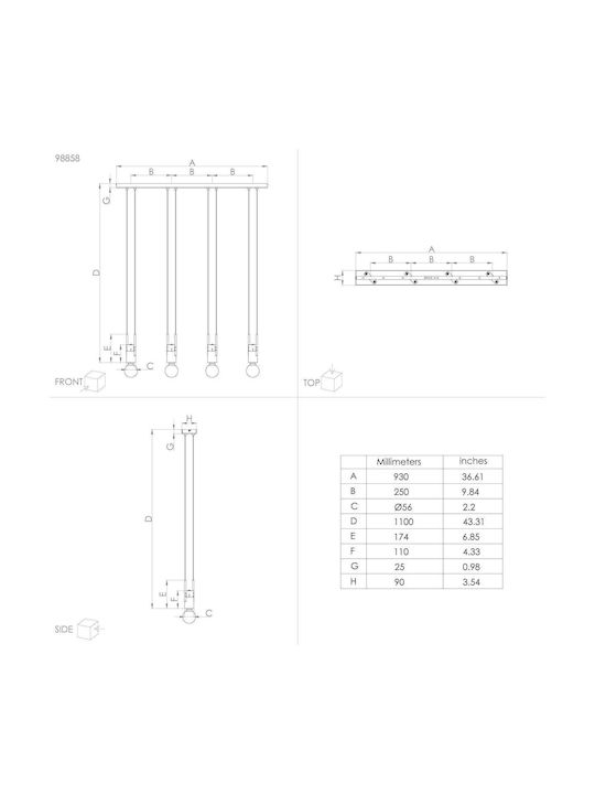 Eglo Bitachito Pendant Chandelier Rail for 4 Bulbs E27 Black