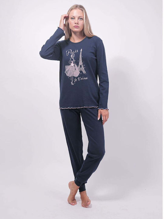 Cherry Underwear Winter Women's Pyjama Set Cotton Navy Blue