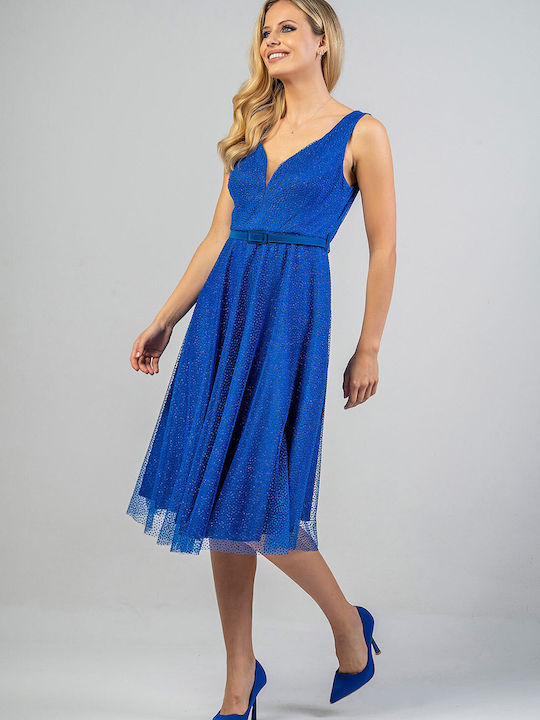 Bellino Καλοκαιρινό Midi Βραδινό Φόρεμα Εξώπλατο με Τούλι & Διαφάνεια Μπλε