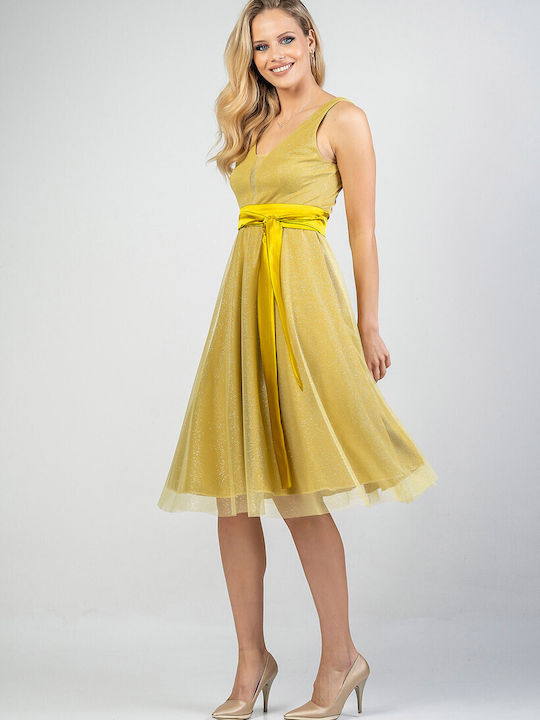 Bellino Summer Midi Evening Dress Open Back with Tulle Yellow