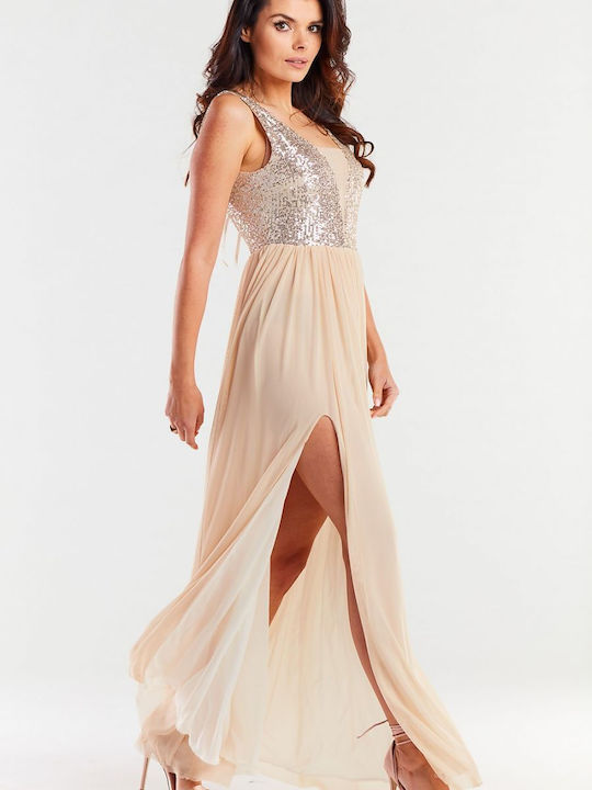 Awama A486 Maxi Evening Dress Open Back with Sheer Beige