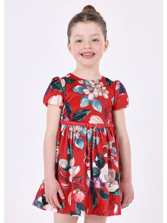 Children's Dress Short Sleeve Velvet Floral Red
