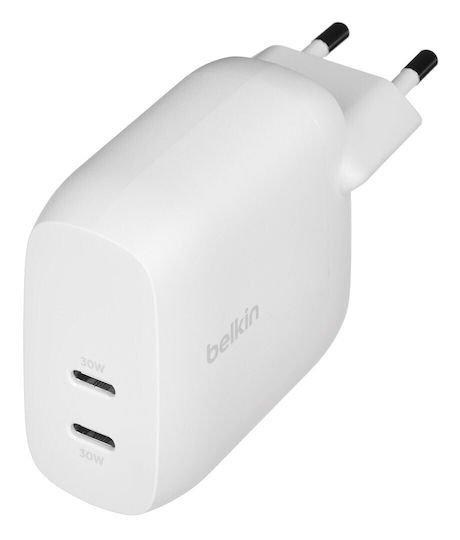 Belkin Charger Without Cable with 2 USB-C Ports 30W Power Delivery Whites (BoostCharge Pro)