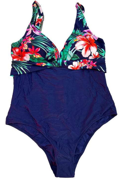 One Piece Swimsuit with Removable Padding for Large Bust Floral Navy Blue