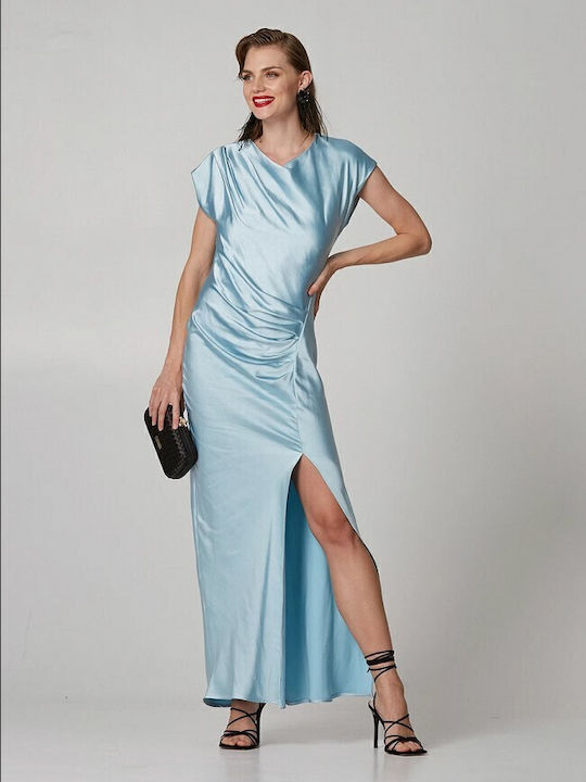 Lynne Καλοκαιρινό Maxi Φόρεμα Σατέν Γαλάζιο