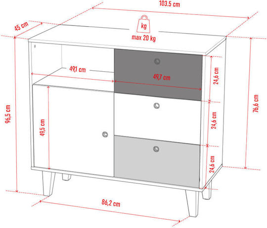 Kinderkommode Concept Red mit 3 Schubladen 103.2x45x96.2cm