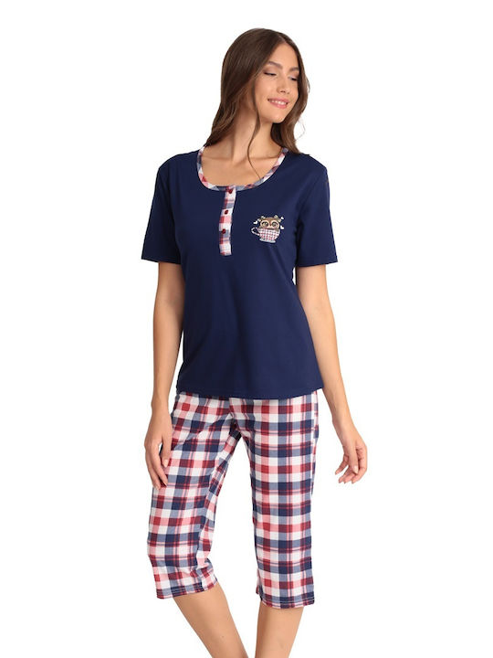 Lydia Creations Sommer Damen Pyjama-Set Baumwolle Blau