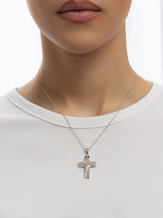 Eforo Herren Weißgold Kreuz 14K Beidseitig mit dem Gekreuzigten
