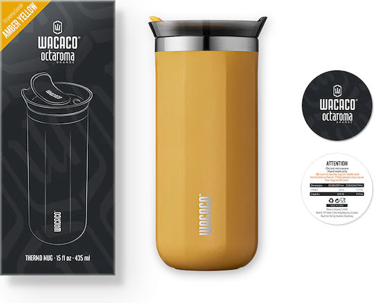 Wacaco Octaroma Grande Travel Mug Glass Thermos Stainless Steel BPA Free 435ml Amber Yellow with Mouthpiece