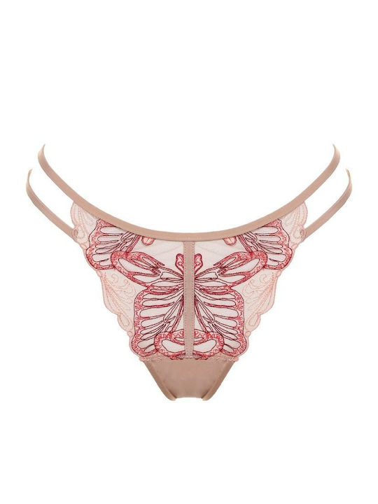 Beige thong with red tulle butterfly