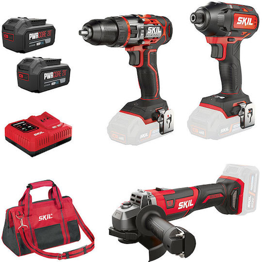 Skil D00211 Set Angle Wheel & Impact Drill Driver & Impact Screwdriver 20V with 2 Batteries 5Ah and Case