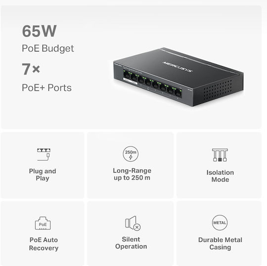 Mercusys MS108GP Unmanaged L2 PoE+ Switch with 8 Gigabit (1Gbps) Ethernet Ports