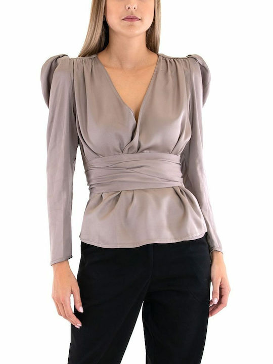 MY T Women's Blouse Long Sleeve with V Neckline Brown