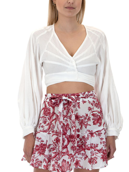 MY T Damen Sommer Crop Top Baumwolle Langarm mit V-Ausschnitt Weiß