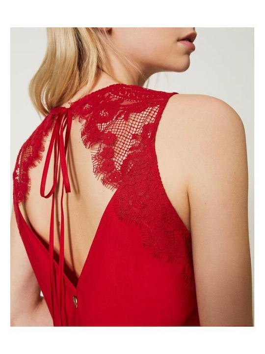Women's Summer Blouse Cotton Sleeveless with V Neckline Red