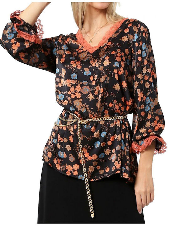 Anna Raxevsky Damen Bluse Satin Langärmelig Blumen Mehrfarbig