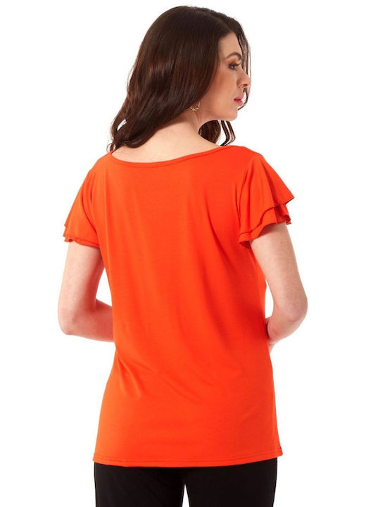 Anna Raxevsky Women's Summer Blouse Short Sleeve with Boat Neckline Orange