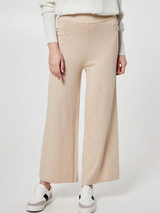 Women's Fabric Trousers Flared with Elastic Regular Fit Beige