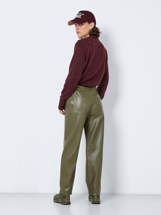 Noisy May Women's High-waisted Leather Trousers Khaki