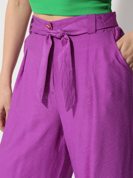 Pantaloni Dama Largi Violet Cu Talie Înaltă