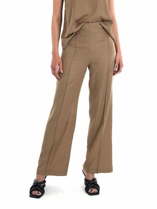 MY T PANTS Damen Hochtailliert Stoff Palazzo-Hose in Relaxed Passform Beige