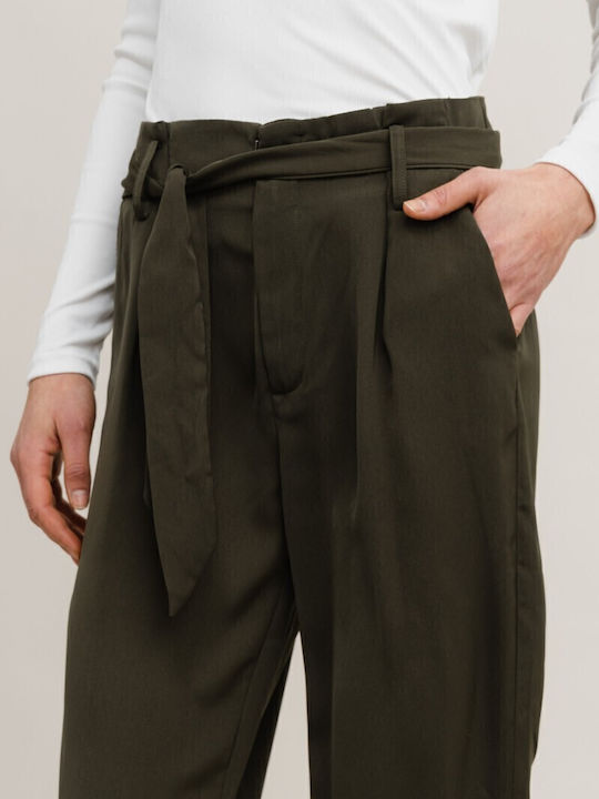 Women's High-waisted Fabric Trousers Regular Fit Khaki