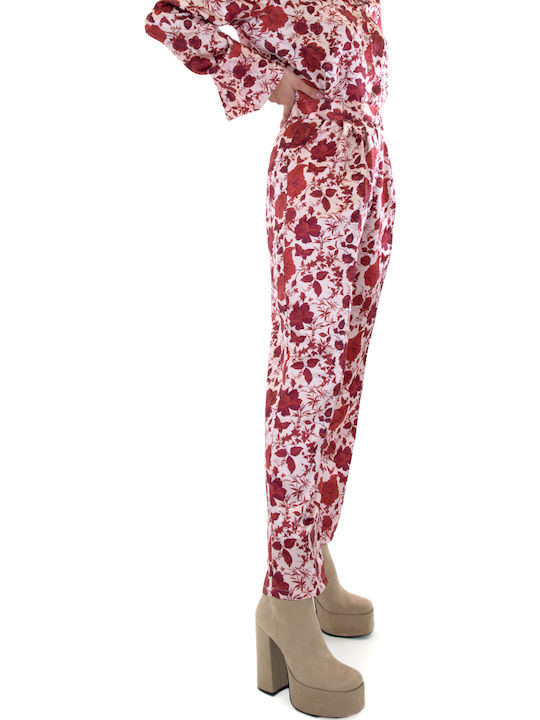 Damen Stoff Hose Blumen Rot
