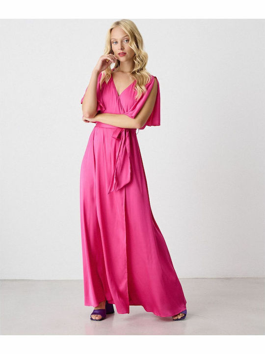 Summer Maxi Evening Dress Satin Wrap Fuchsia