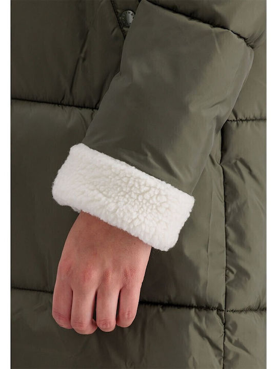 Women's Long Puffer Jacket for Winter with Hood Green