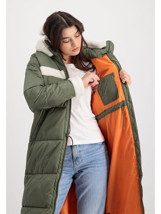 Women's Long Puffer Jacket for Winter with Hood Green