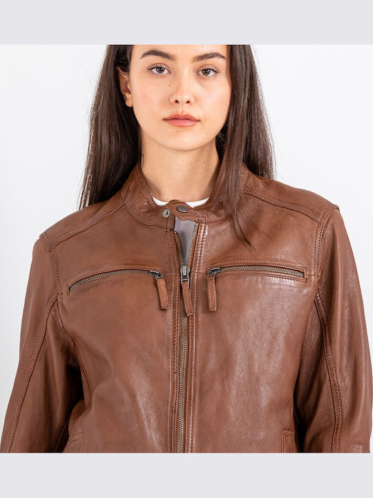 6 Δερμάτινο Γυναικείο Biker Jacket Ταμπά