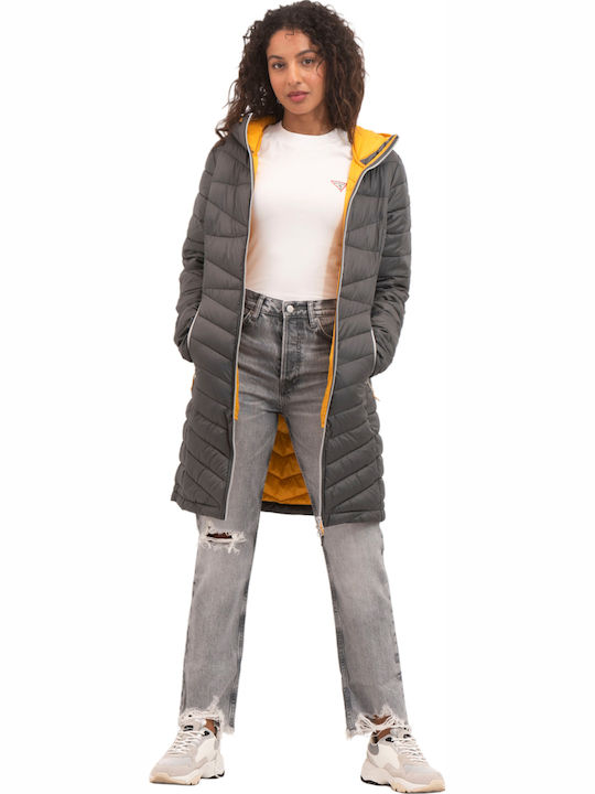 Women's Long Puffer Jacket for Winter with Hood Gray