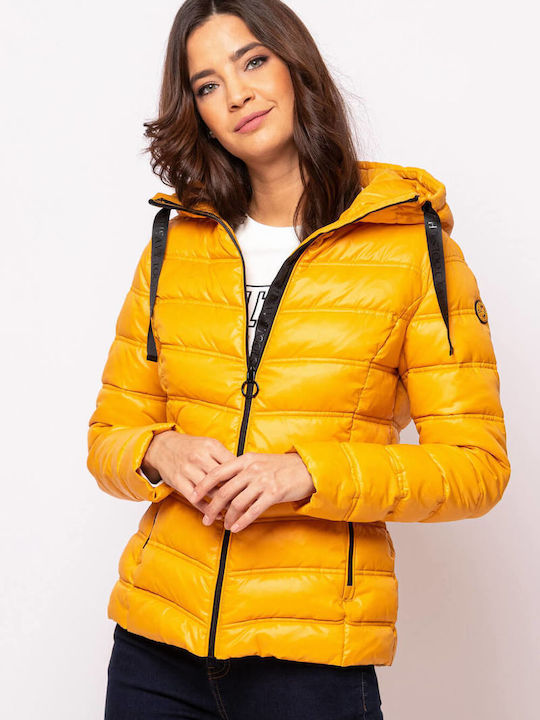 Heavy Tools Women's Short Puffer Jacket for Winter Yellow W22-K
