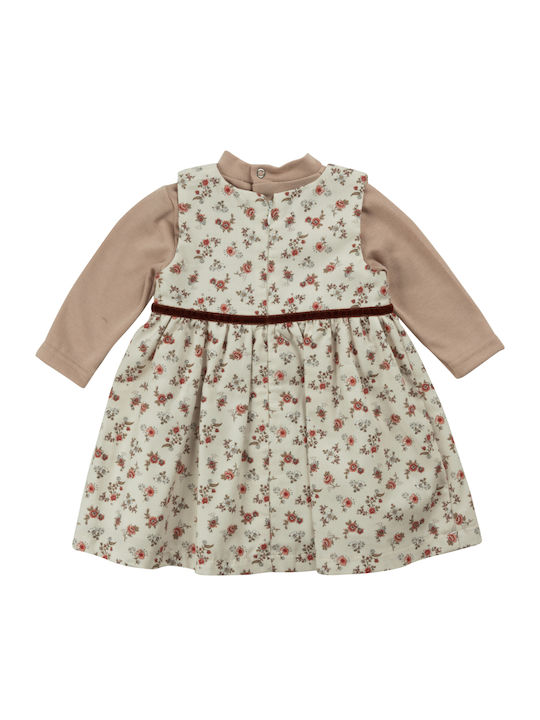 Babylon Kids Dress Velvet Floral Long Sleeve Beige