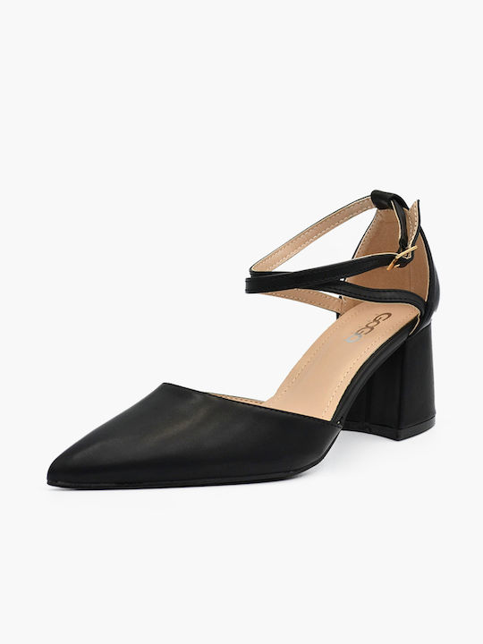 Joya Pointed Toe Black Heels with Strap