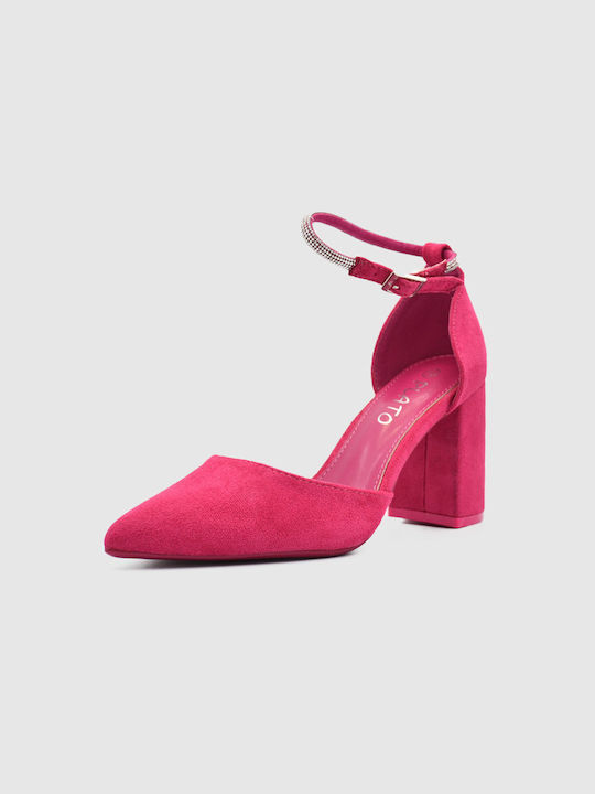 Joya Suede Pointed Toe Fuchsia Heels with Strap