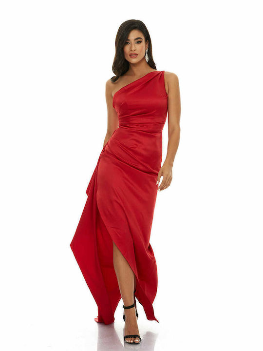 RichgirlBoudoir Maxi Βραδινό Φόρεμα Σατέν Ντραπέ με Σκίσιμο Κόκκινο