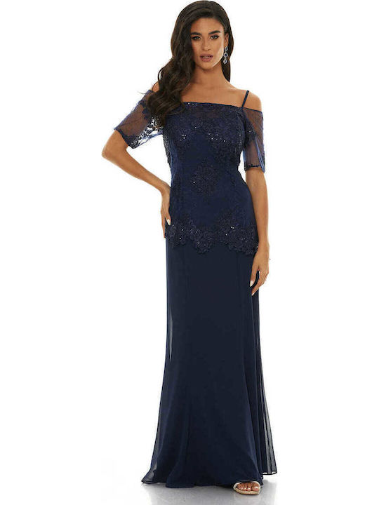 Summer Maxi Dress for Wedding Christening Off-Shoulder with Lace Navy Blue