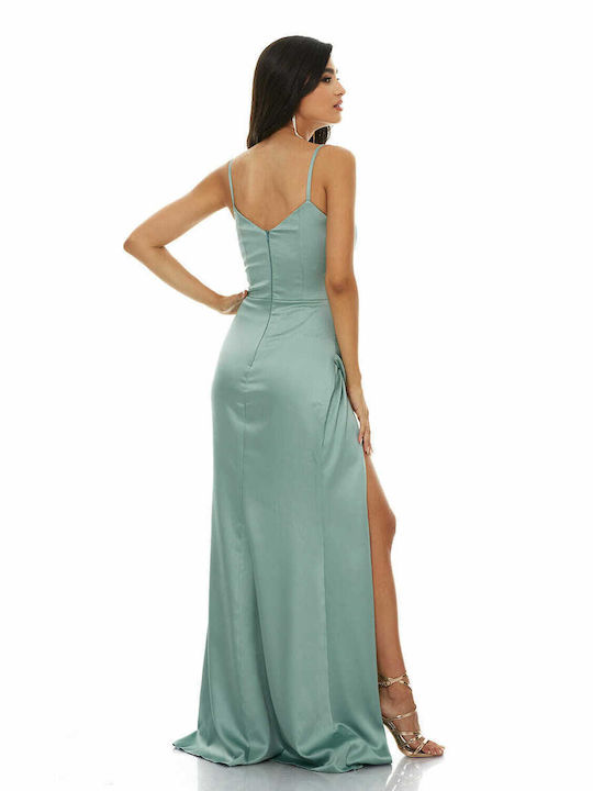 RichgirlBoudoir Evening Spaghetti Strap Wrap Satin Maxi Dress with V Neck Green