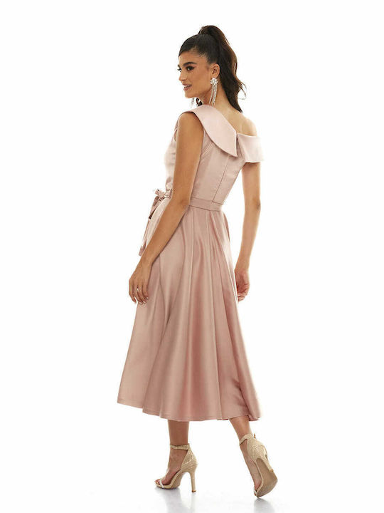 RichgirlBoudoir Midi Dress for Wedding / Baptism Satin Off-Shoulder Pink