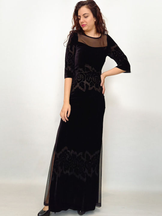 Open Maxi Evening Dress Velvet with Sheer Black
