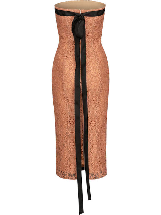Pera Lace Καλοκαιρινό Midi Φόρεμα για Γάμο / Βάπτιση Strapless με Δαντέλα Ροζ