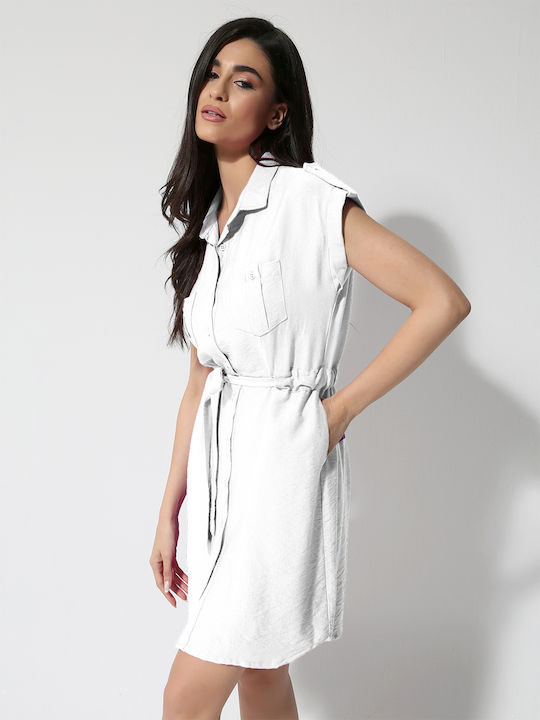 Tresor Summer All Day Short Sleeve Mini Dress with Collar White