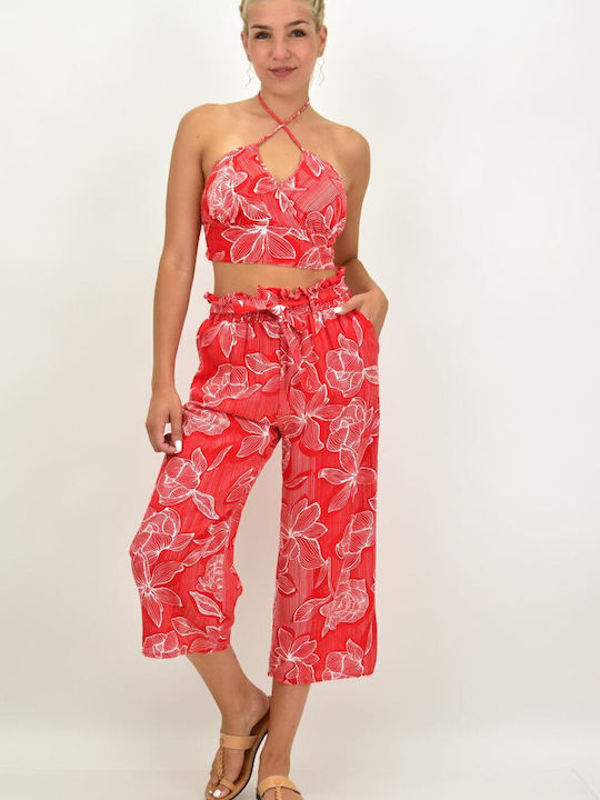First Woman Women's Red Set with High Waist Trousers with Elastic in Straight Line Floral