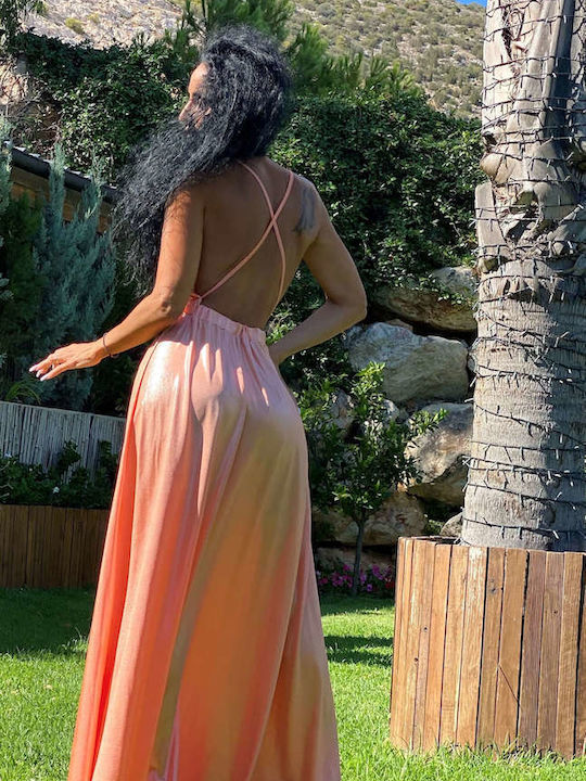 Summer Maxi Evening Satin Dress with Tearing Orange