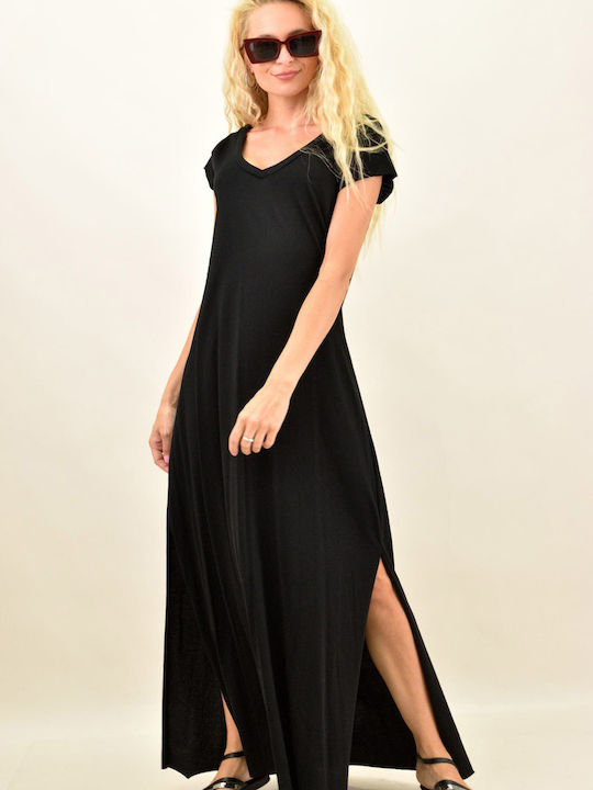 First Woman Summer Maxi Dress with Slit Black