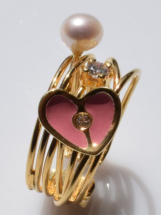 Bizoutaki Ring with Pearls, Zircon & Enamel made of Silver Gold Plated