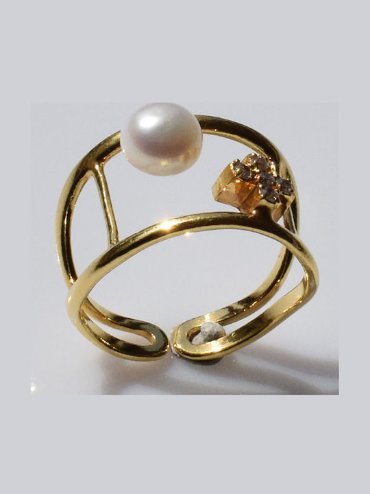 Bizoutaki Ring with Pearls & Zircon made of Silver Gold Plated