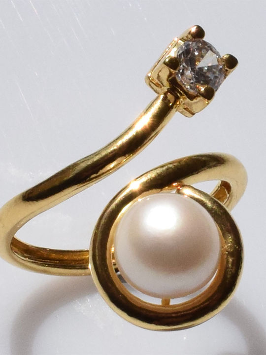Bizoutaki Ring with Pearls & Zircon made of Silver Gold Plated